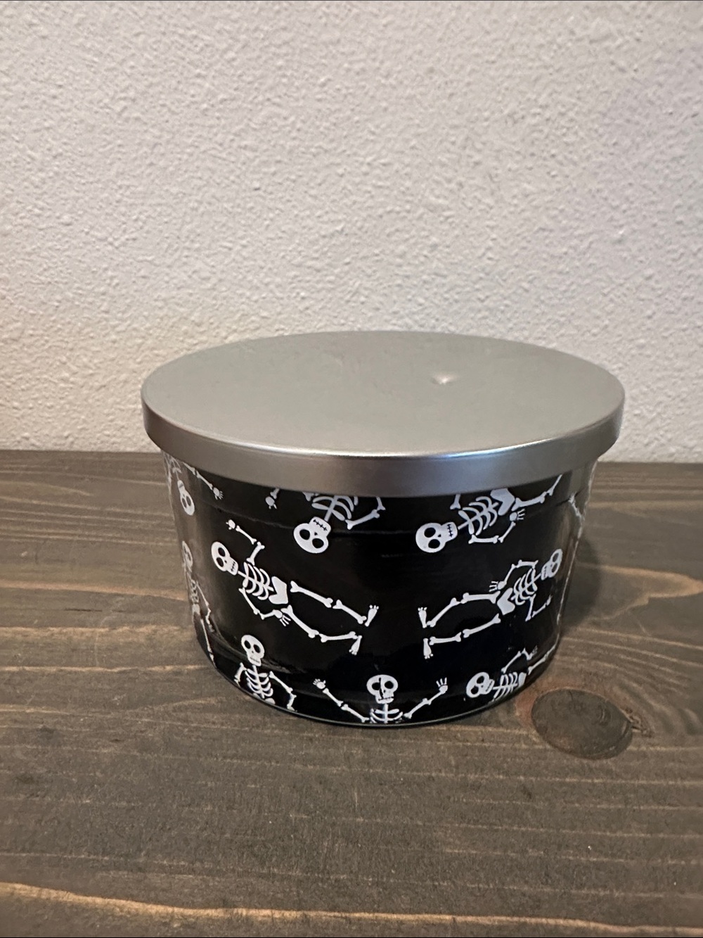 Halloween Skeleton Decorative Tin with Silver Lid - Black